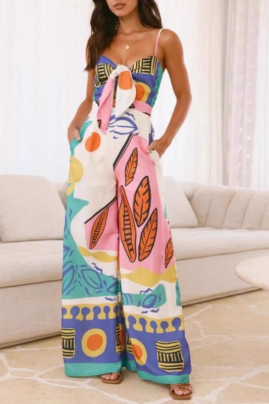 Printed Wide Leg Cami Jumpsuit Blue Easy Apparels