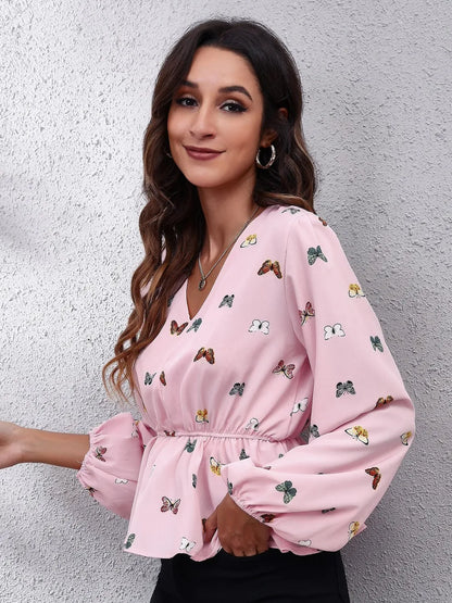 Trendsi Butterfly V-Neck Balloon Sleeve Peplum Blouse