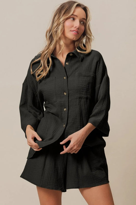 BiBi Crinkle Gauze Shirt and Short Set BLACK Easy Apparels