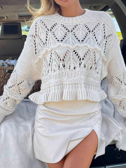 Trendsi Crochet Ruffled Hem Long Sleeve Sweater White