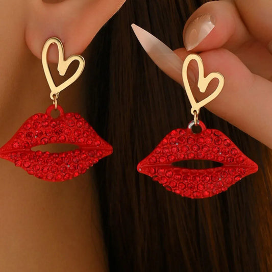 18K Gold-Plated Rhinestone Lips Heart Dangle Earrings Gold One Size Easy Apparels