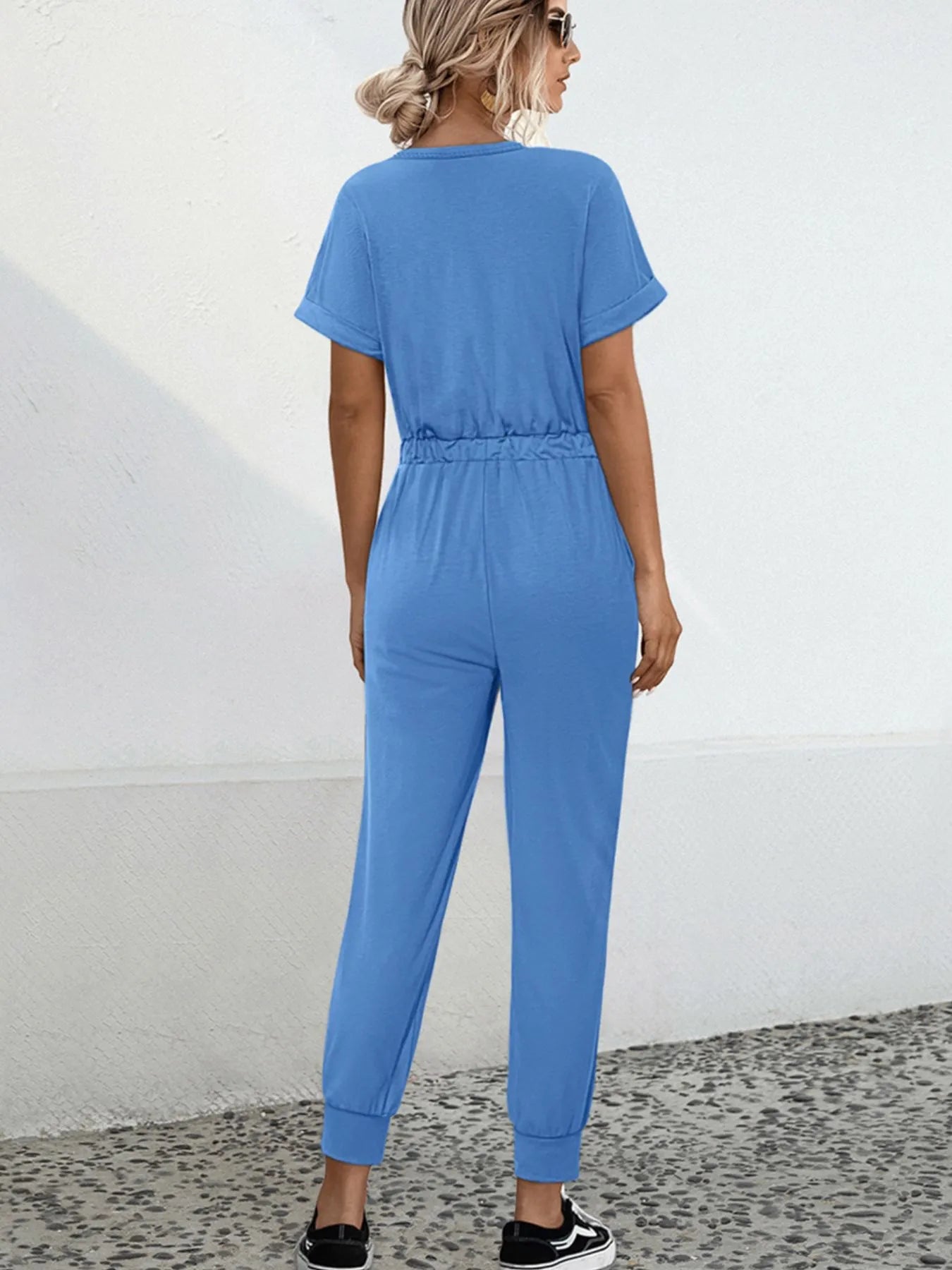 Drawstring Waist Short Sleeve Jumpsuit Easy Apparels