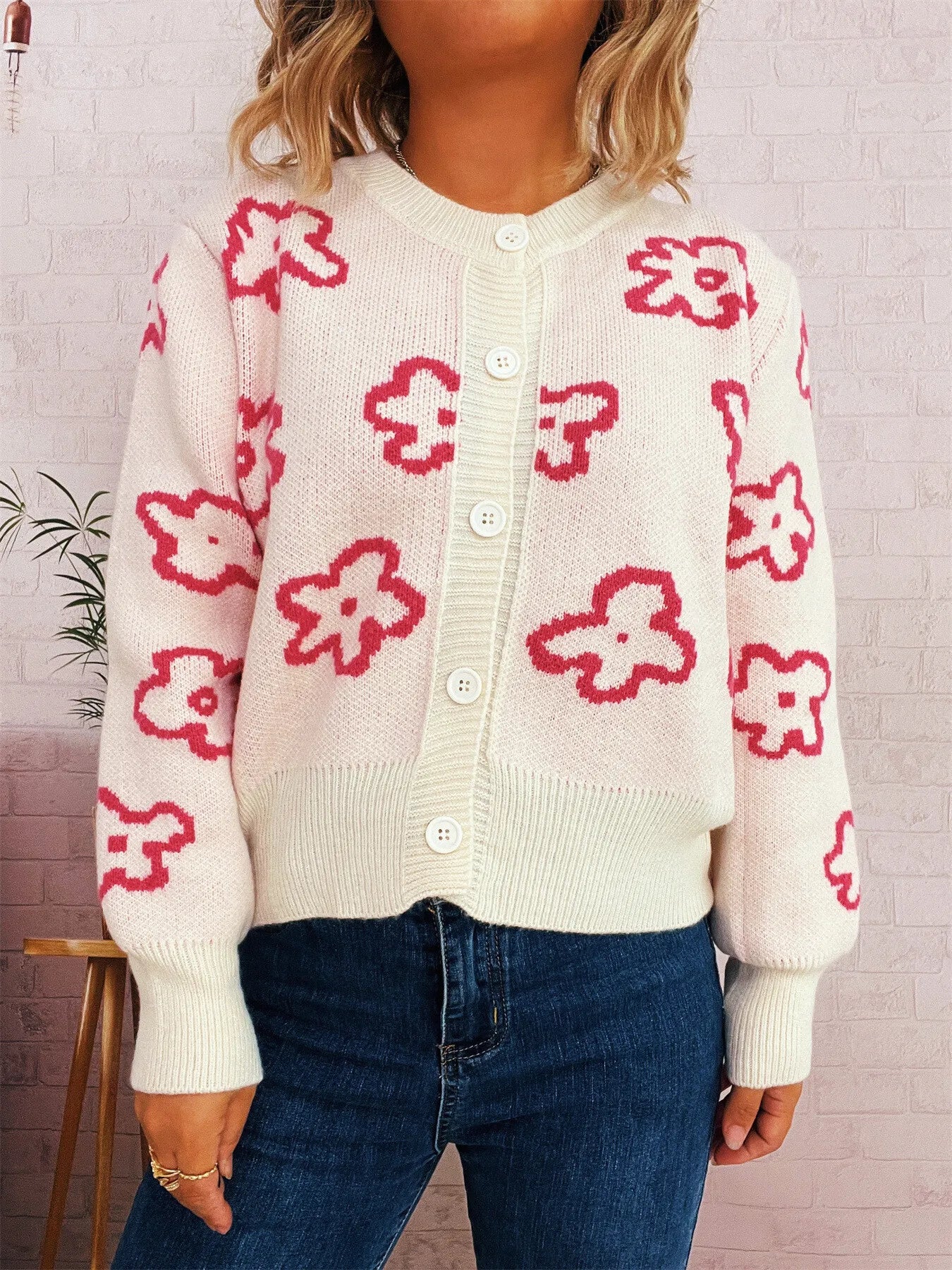 Floral Pattern Button-Up Cardigan Easy Apparels