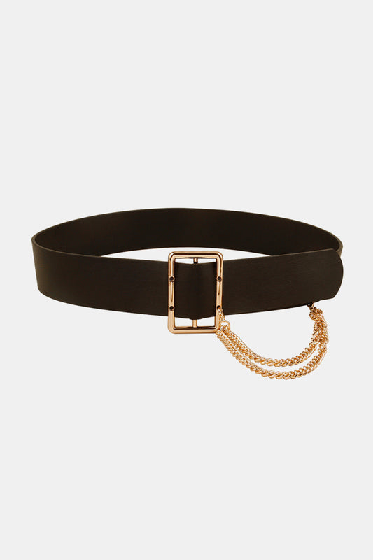 PU Leather Wide Belt with Chain Black One Size Easy Apparels
