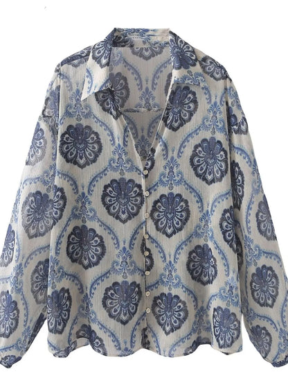 Trendsi Printed Button Up Long Sleeve Dress Dusty Blue