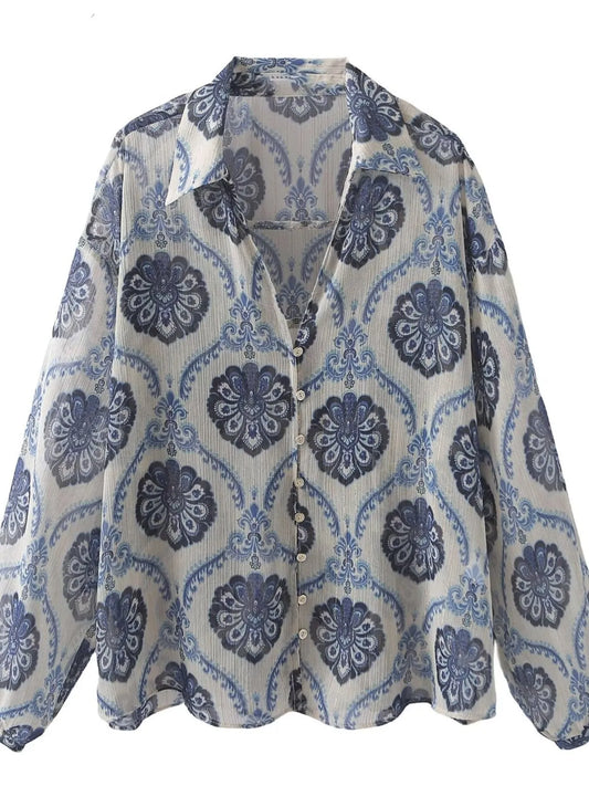 Trendsi Printed Button Up Long Sleeve Dress Dusty Blue