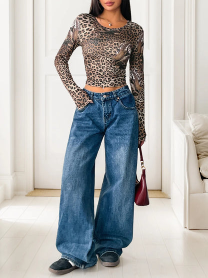 Trendsi Leopard Print Long Sleeve Fitted T-Shirt