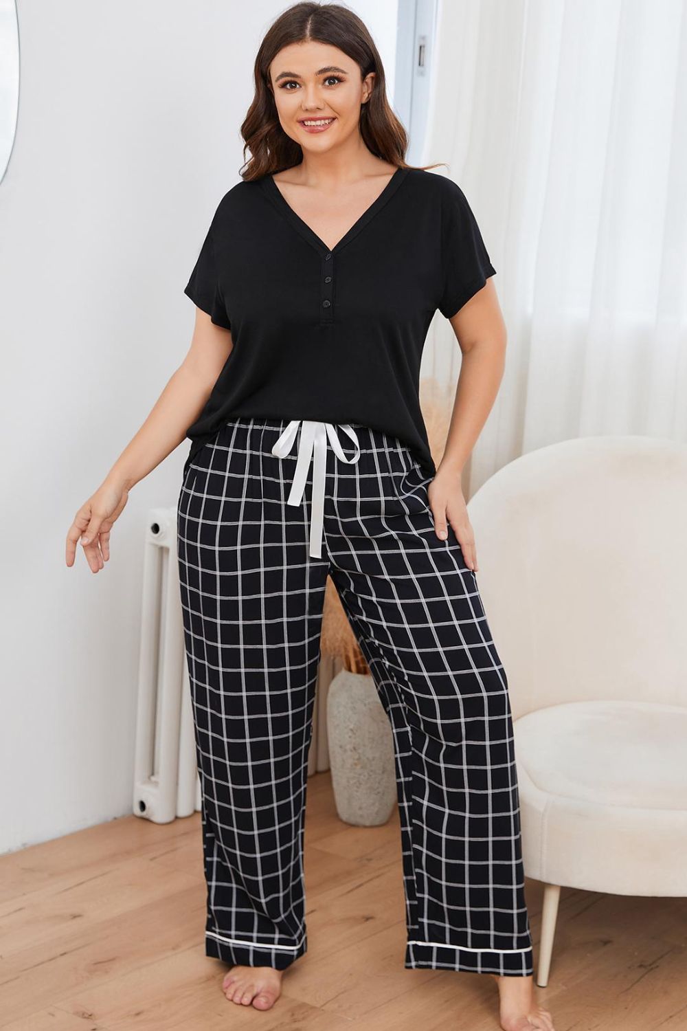 Plus Size V-Neck Top and Plaid Pants Lounge Set Easy Apparels
