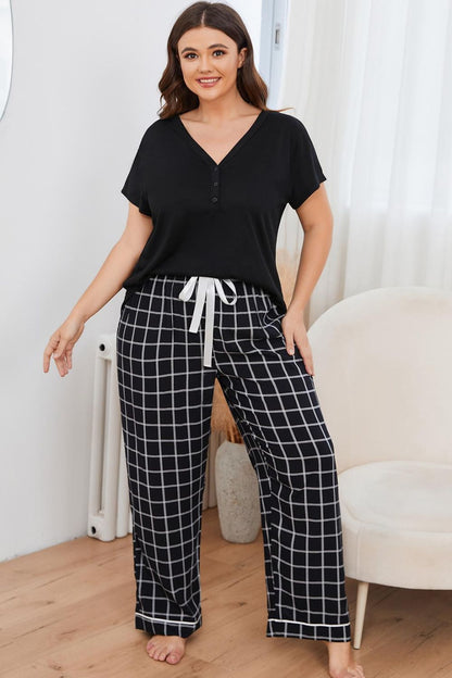 Plus Size V-Neck Top and Plaid Pants Lounge Set Easy Apparels