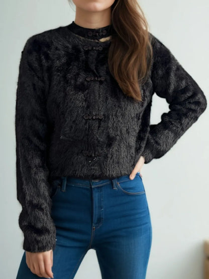 Cutout Knot Button Long Sleeve Cardigan Easy Apparels