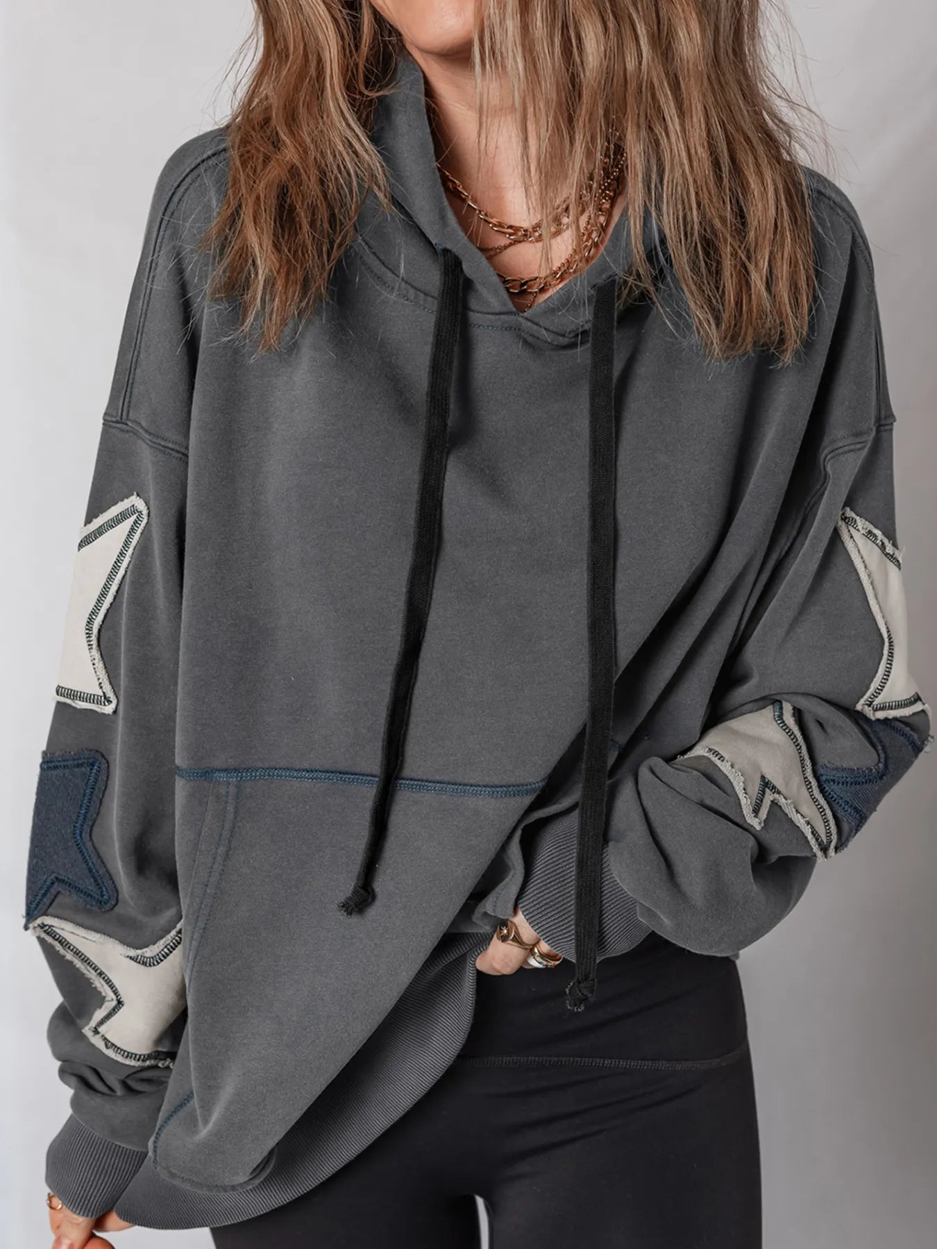 Trendsi Star Patchwork Contrast Stitching Mineral Wash Kangaroo Pocket Hoodie