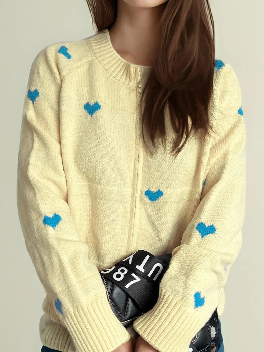 Heart Round Neck Zip Up Cardigan Easy Apparels