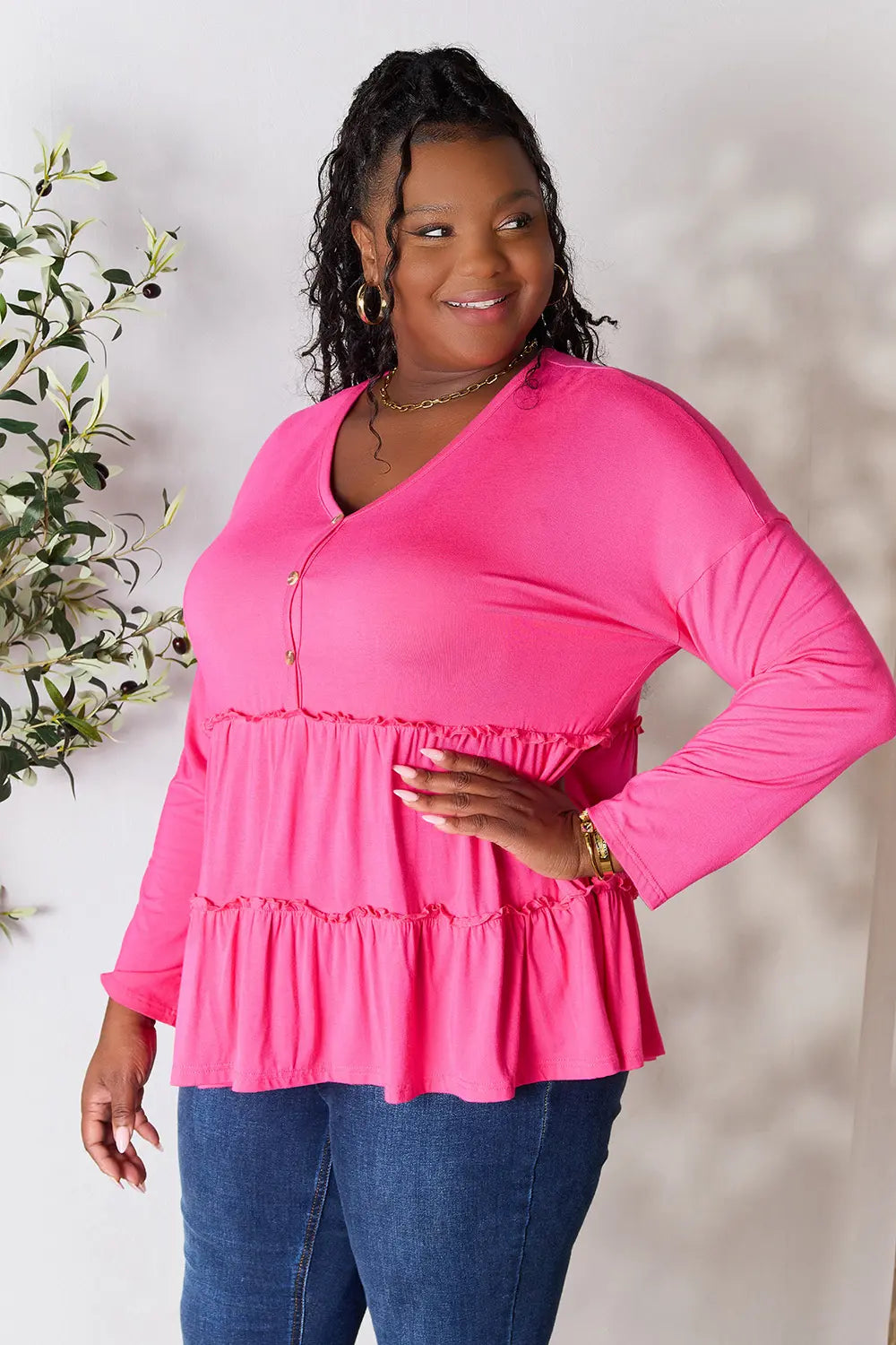 Trendsi Double Take Half Button Long Sleeve Ruffle Hem Blouse