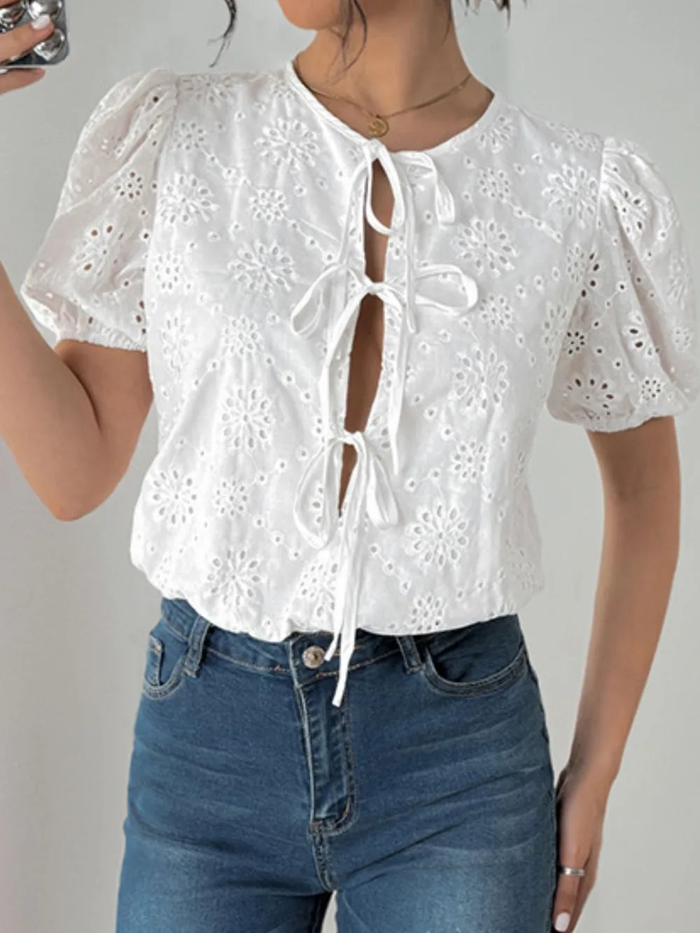 Trendsi Perfee Tied Eyelet Short Sleeve Bodysuit