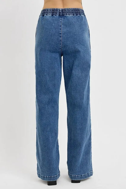RISEN Full Size Elastic Waist Wide Leg Jeans Plus Size Easy Apparels