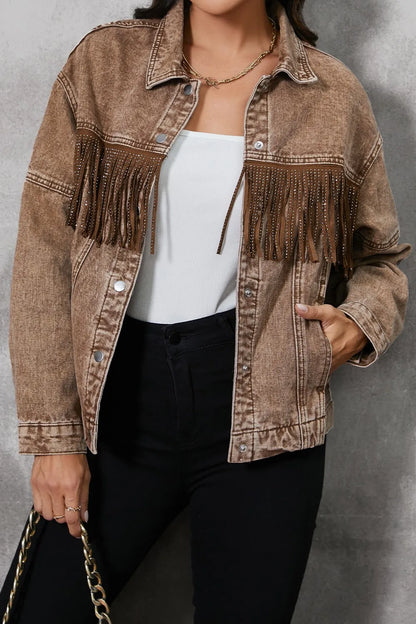 Fringe Trim Snap Down Denim Jacket Easy Apparels