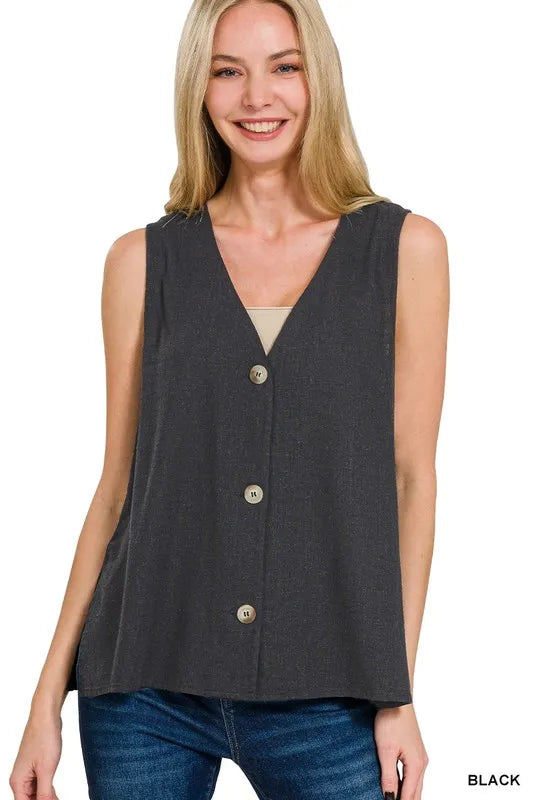Zenana Side Slit Button-Front Vest BLACK Easy Apparels