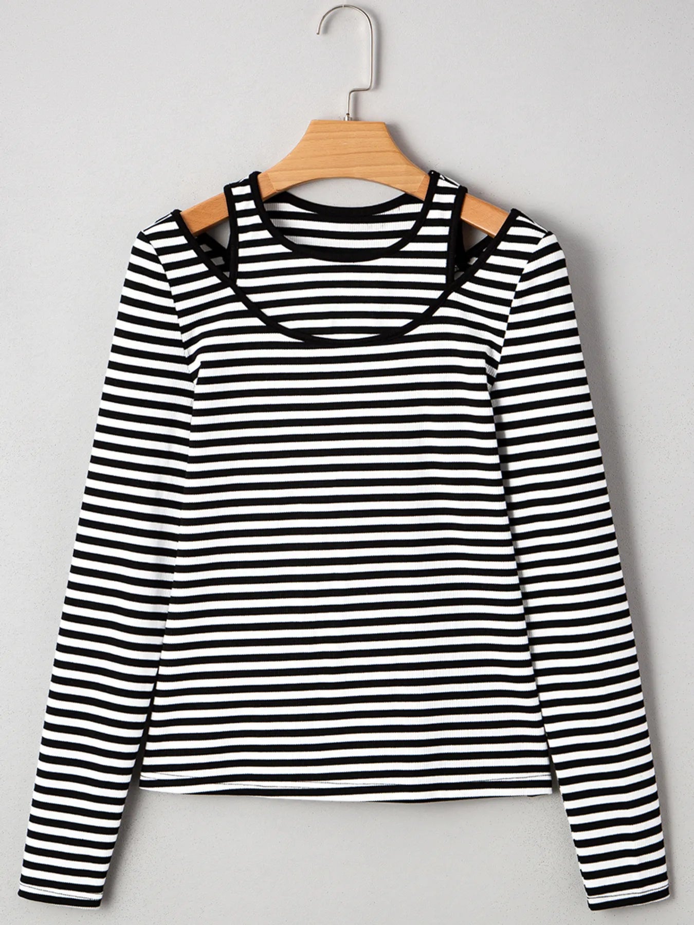 Trendsi Stripe Double-layer Cold Shoulder Long Sleeve Top