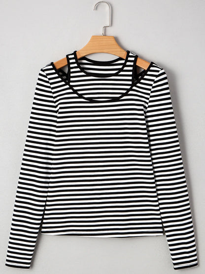 Trendsi Stripe Double-layer Cold Shoulder Long Sleeve Top