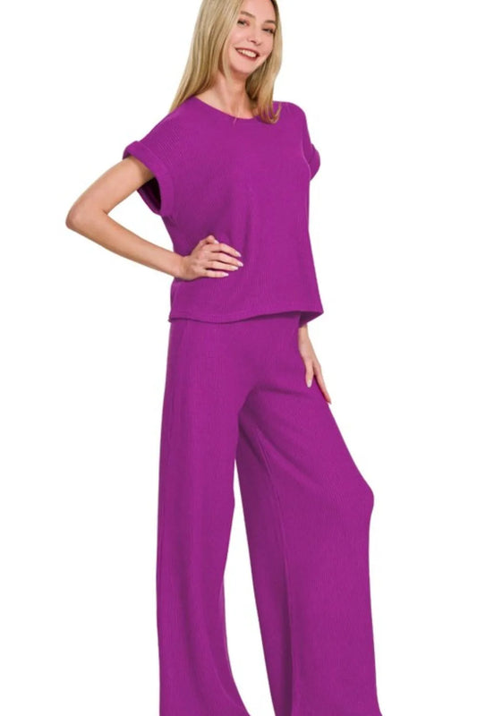 Zenana Rolled Sleeve Top and Pants Sweater Set LT PLUM Easy Apparels