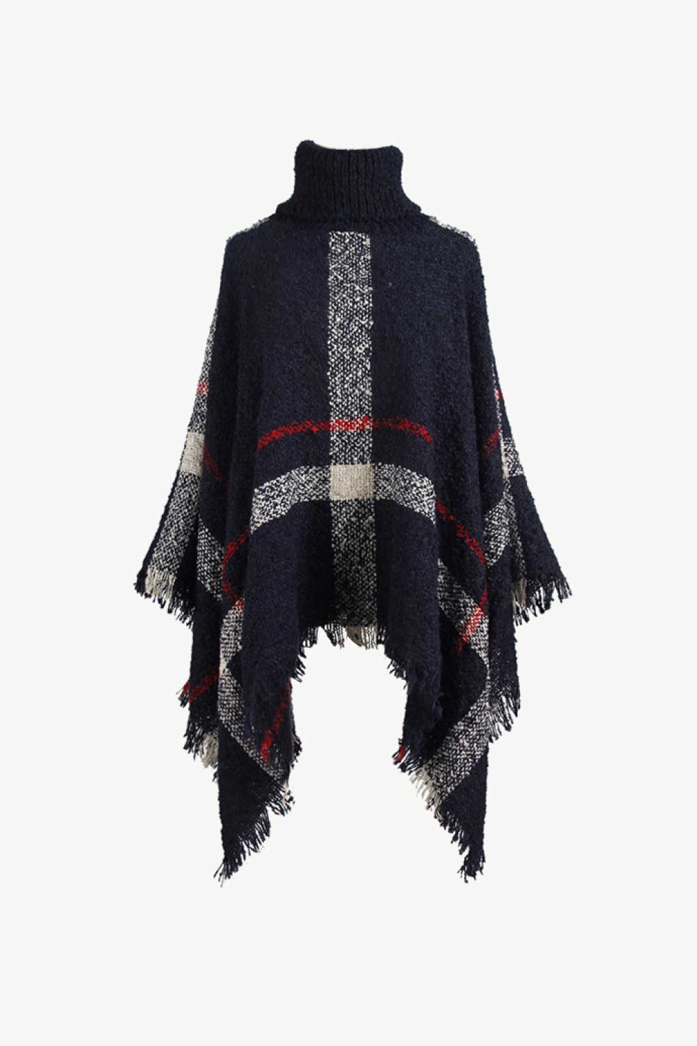 Plaid Turtleneck Raw Hem Poncho Navy One Size Easy Apparels
