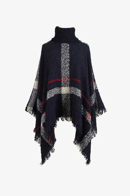 Plaid Turtleneck Raw Hem Poncho Navy One Size Easy Apparels