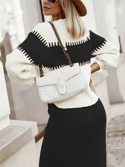 Two-Tone Ribbed Knit Top and Skirt Sweater Set Easy Apparels
