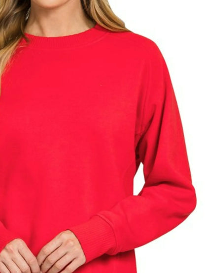 Trendsi Zenana Fleece Round Neck Ribbed Side Raglan Sweatshirt