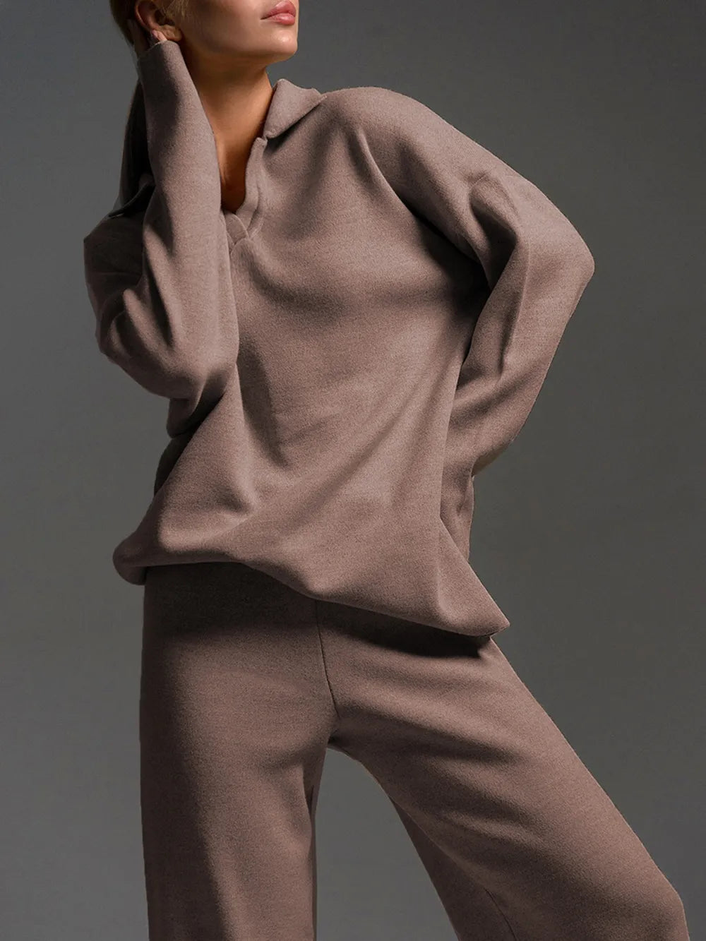 Johnny Collar Long Sleeve Top and Pants Sweater Set Taupe One Size Easy Apparels