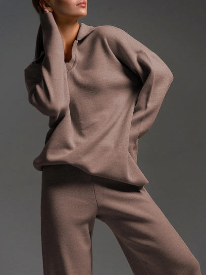 Johnny Collar Long Sleeve Top and Pants Sweater Set Taupe One Size Easy Apparels