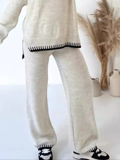 Contrast Trim Round Neck Top and Pants Sweater Set Easy Apparels