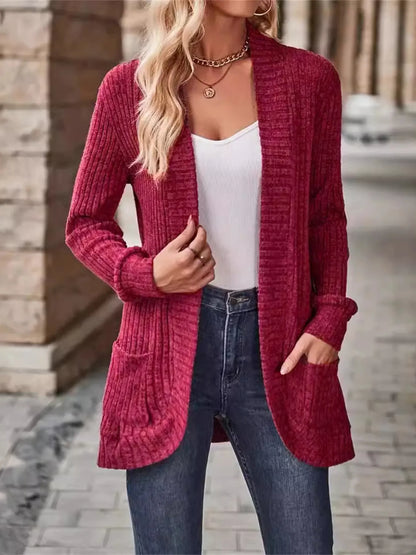 Ribbed Open Front Long Cardigan with Pockets Easy Apparels