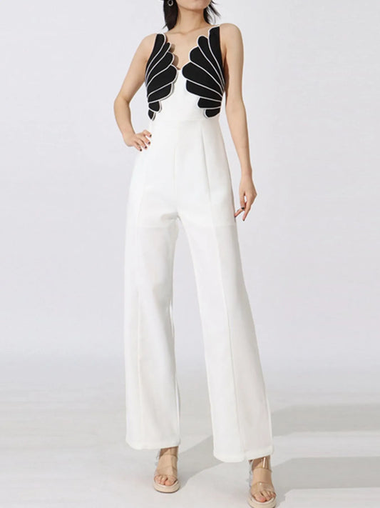 Contrast Sleeveless Wide-Leg Jumpsuit White Easy Apparels