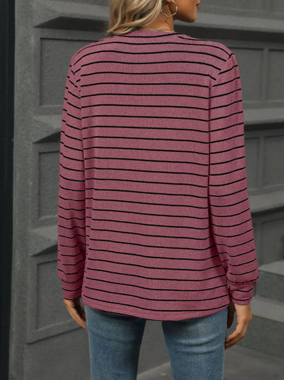 Trendsi Striped Henley T-Shirt with Button Detail