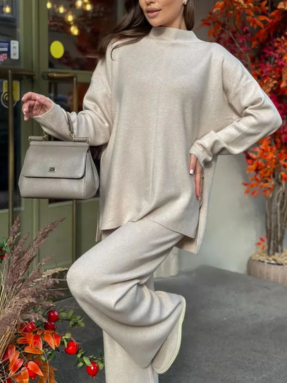 Slit Mock Neck Top and Pants Sweater Set Easy Apparels