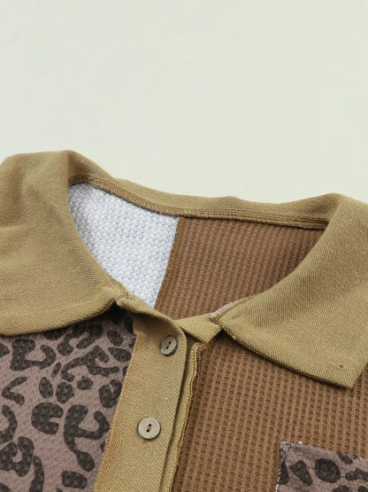 Trendsi Half Button Leopard Collared Neck Blouse