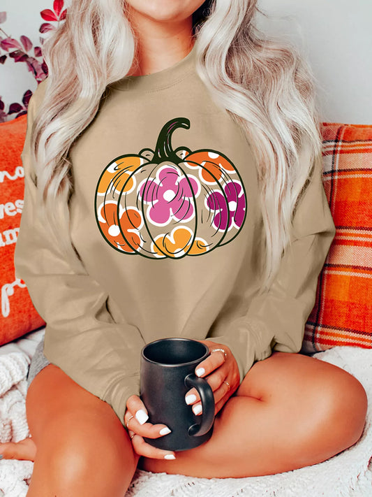 Halloween Floral Pumpkin Graphic Drop Shoulder Sweatshirt Khaki Easy Apparels
