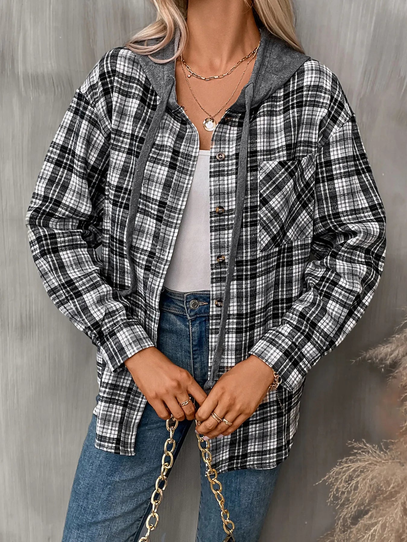Trendsi Plaid Button-Up Hooded Shirt