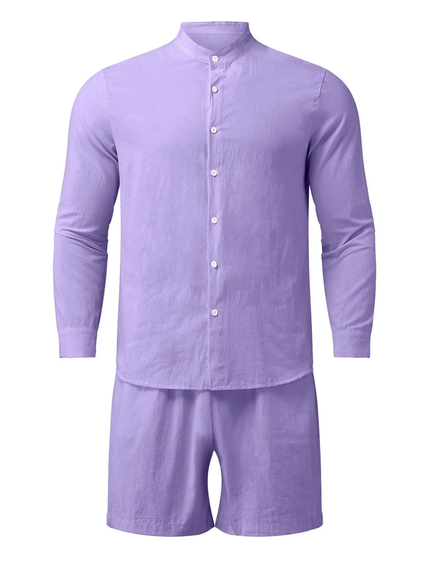 Men's Full Size Button Up Long Sleeve Shirt and Shorts Set Plus Size Purple Easy Apparels