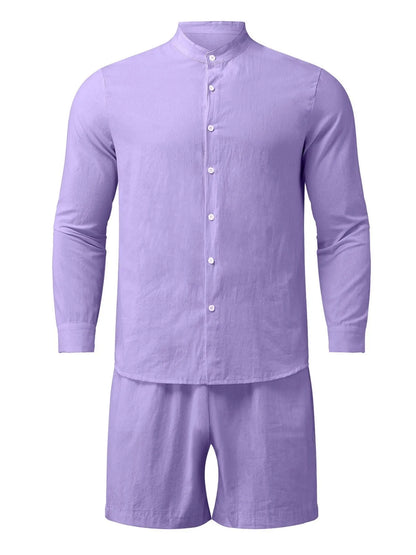 Men's Full Size Button Up Long Sleeve Shirt and Shorts Set Plus Size Purple Easy Apparels