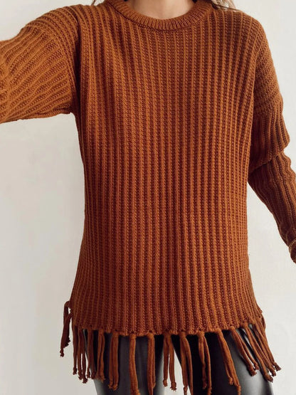 Trendsi Fringe Round Neck Long Sleeve Sweater Burgundy