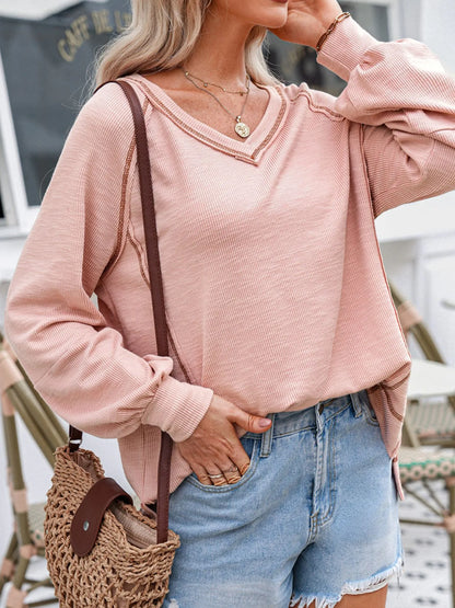 Trendsi Exposed Seam Ribbed Knit V Neck Top
