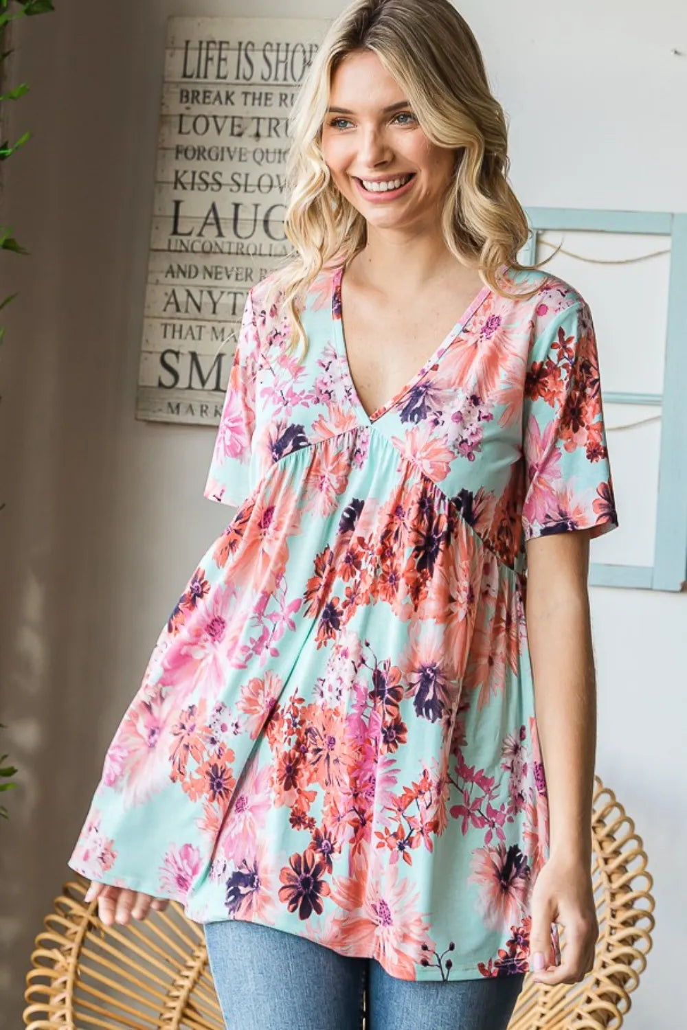 Trendsi Heimish Full Size Floral V-Neck Short Sleeve Babydoll Blouse