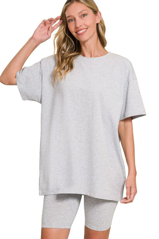 Zenana Cotton Round Neck Top & Biker Shorts H GREY Easy Apparels