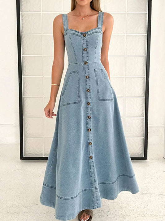 Wide Strap Sweetheart Neck Denim Dress Light Blue Easy Apparels