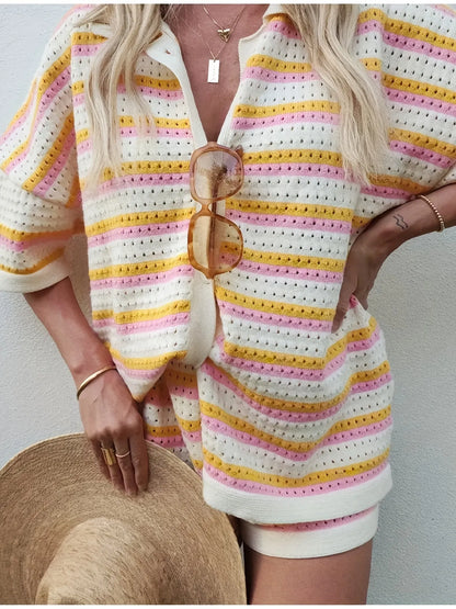 Colorful Striped Button Up Top and Shorts Sweater Set Easy Apparels