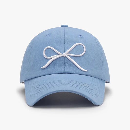 Bow Embroidered Cotton Baseball Cap Light Blue One Size Easy Apparels