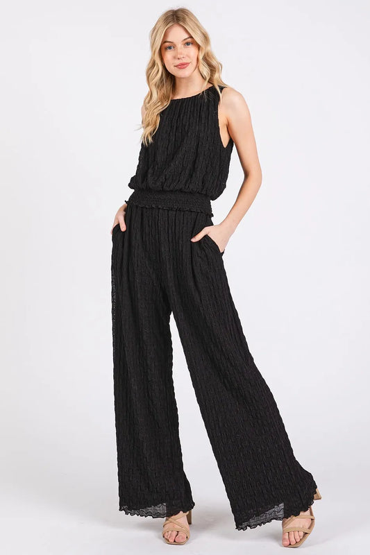 Mittoshop Textured Stretchy Crop Tank and Pants Set BLACK Easy Apparels