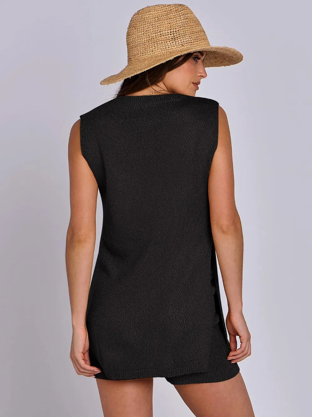 Side Slit Round Neck Tank and Ribbed Shorts Sweater Set Easy Apparels