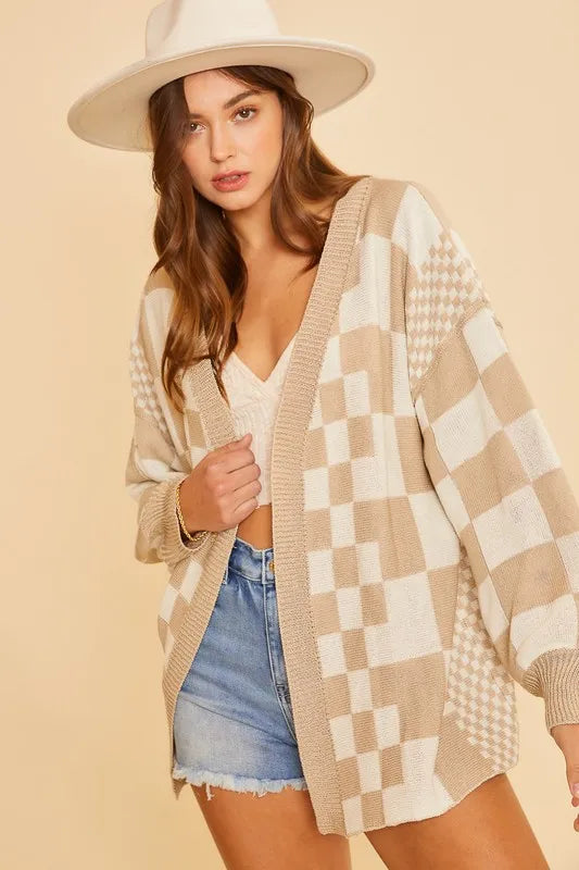 Trendsi Annie Wear Checkered Open Front Drop Shoulder Cardigan